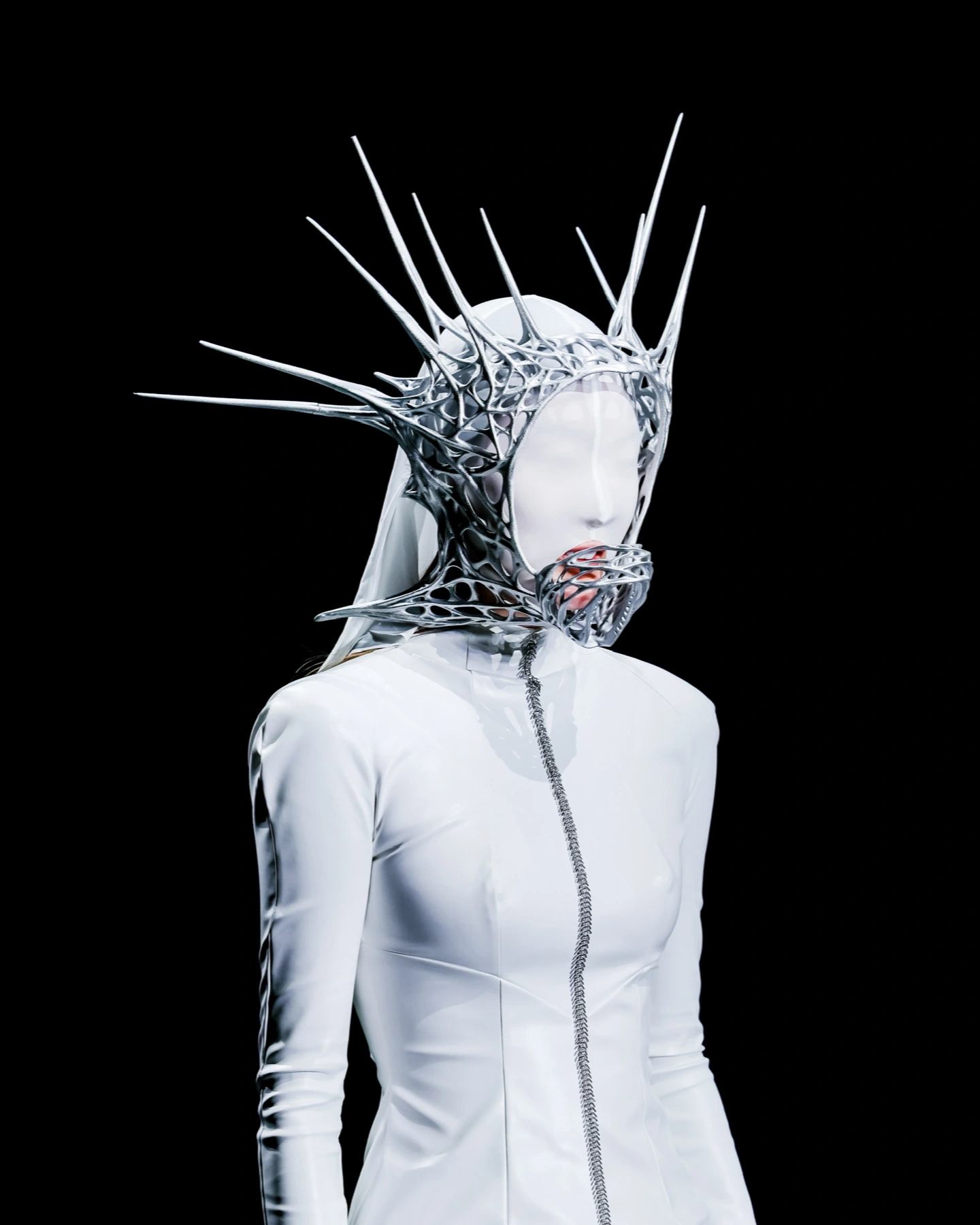 C.PROTOCOL Beijing Fashion Week — silver headpiece and white garment