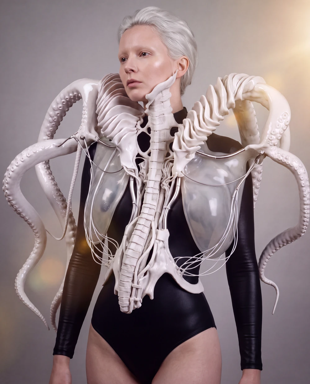Symbiotic Rendering · Hertz preview: front view of the white wearable structure