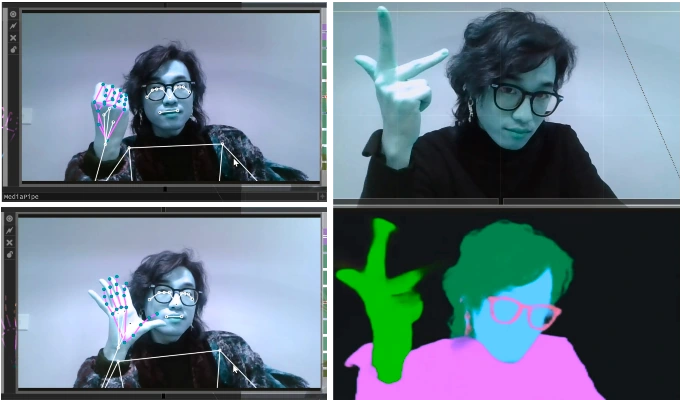 Camera image and colored body silhouette used for tracking