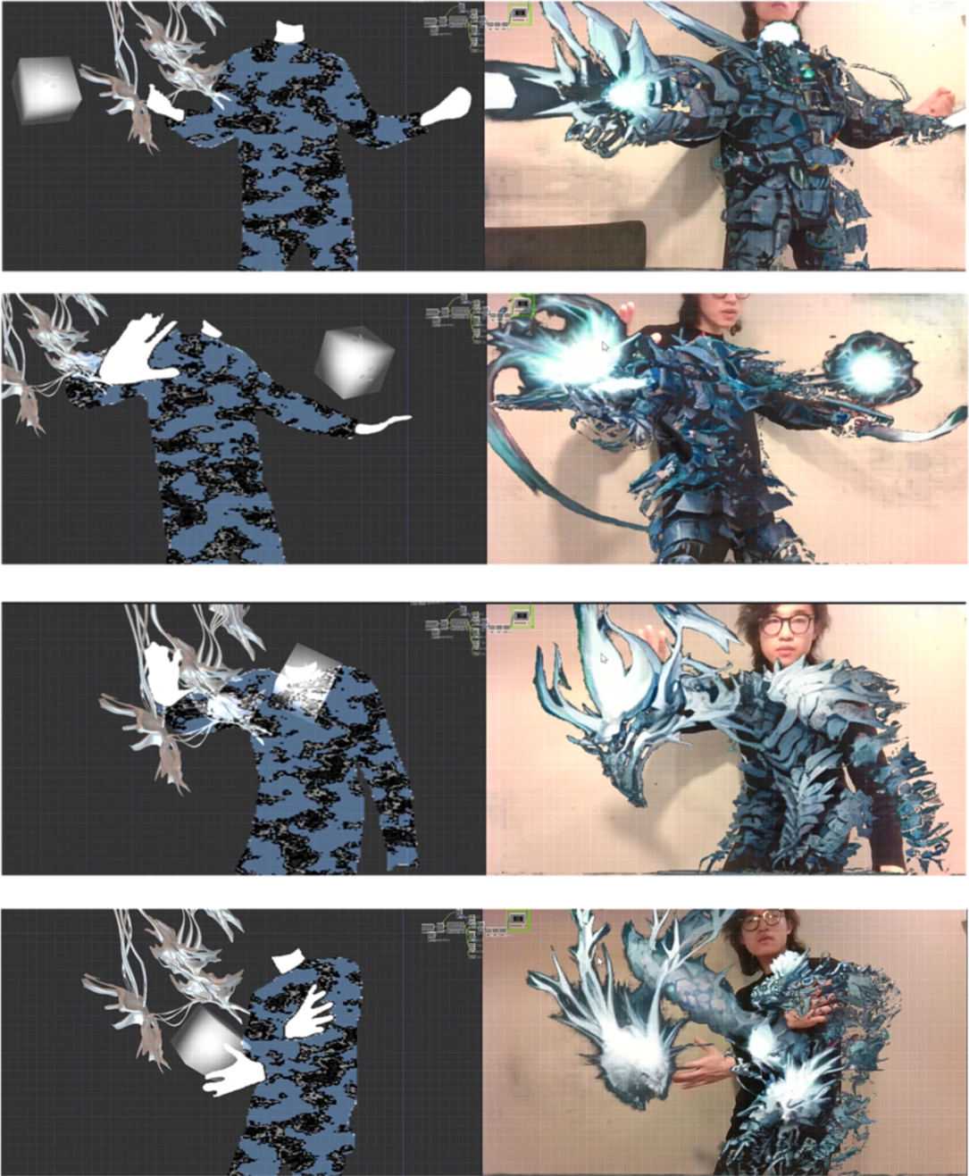Four paired views showing the tracked body and its generated digital fashion appearance